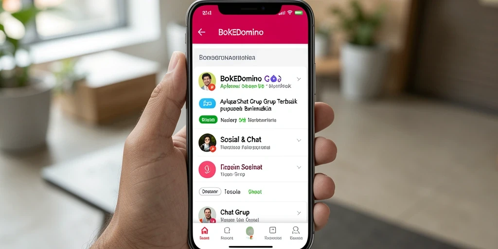 Screenshot BOKEDOMINO menampilkan antarmuka pengguna Chat Grup yang sederhana.